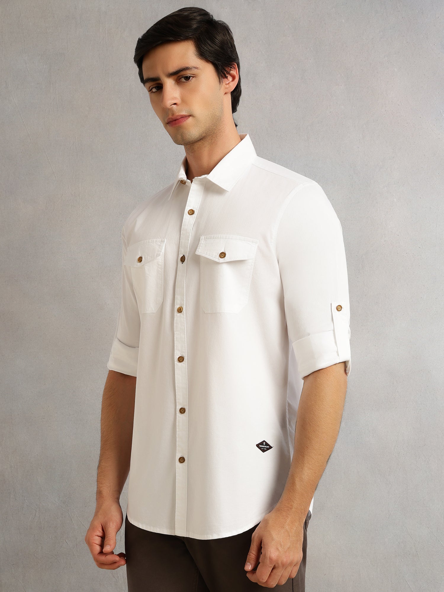 Thomas Scott Men White1 Regular Fit Long Roll-Up Sleeves Spread Collar Solid 100% Cotton Casual Shirt