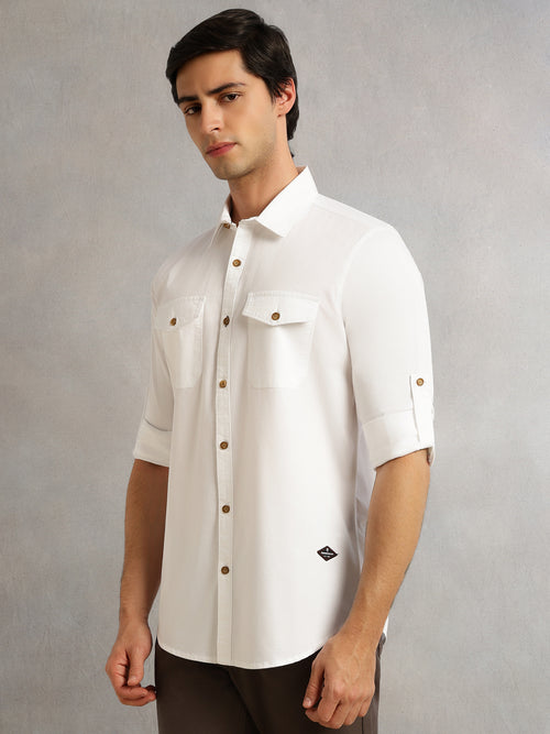 Thomas Scott Men White1 Regular Fit Long Roll-Up Sleeves Spread Collar Solid 100% Cotton Casual Shirt