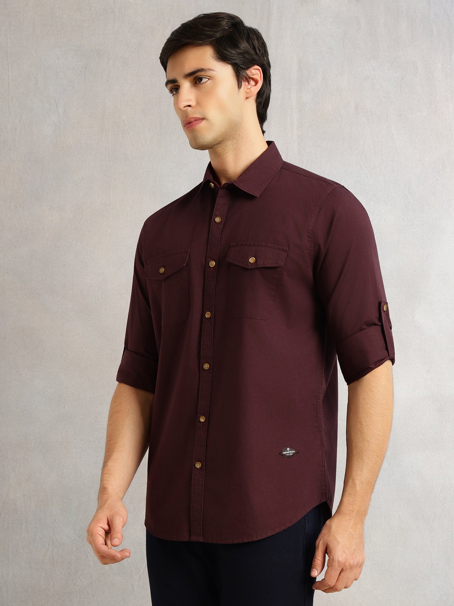 Thomas Scott Men Wine Slim Fit Long Sleeves Spread Collar Solid 100% Cotton Twill Casual Shirt