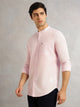 Thomas Scott Men Pink Premium Slim Fit Long Sleeves Mandarin Collar Solid Cotton Linen Casual Shirt