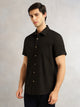 Thomas Scott Men Dark Grey Slim Fit Short Sleeves Spread Collar Solid Casual Shirt