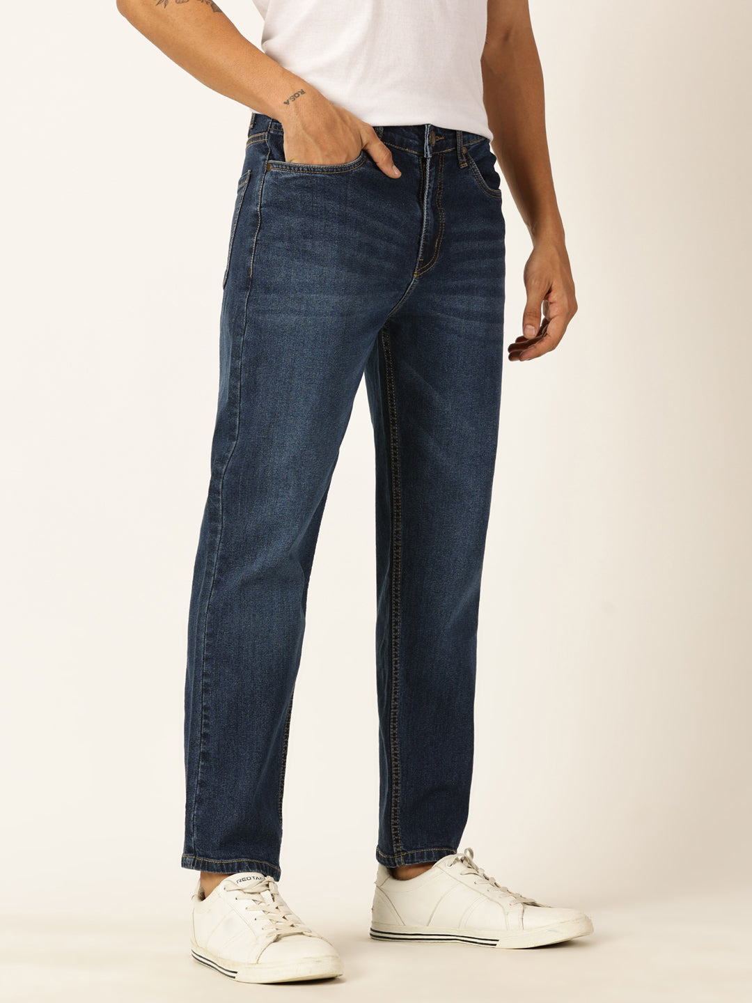 Thomas Scott Men Dark Blue Relaxed Fit Mid-Rise Clean Look Medium Shade Light Fade 5 Pocket Design Stretchable Jeans
