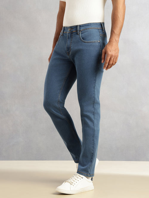Thomas Scott Men Mid Blue Slim Fit Medium Shade Mid-Rise Clean Look 5 Pocket Design Stretchable Jeans