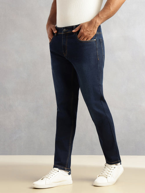 Thomas Scott Men Dark Blue Smart Slim Fit Dark Shade Mid-Rise Clean Look 5 Pocket Design Stretchable Jeans