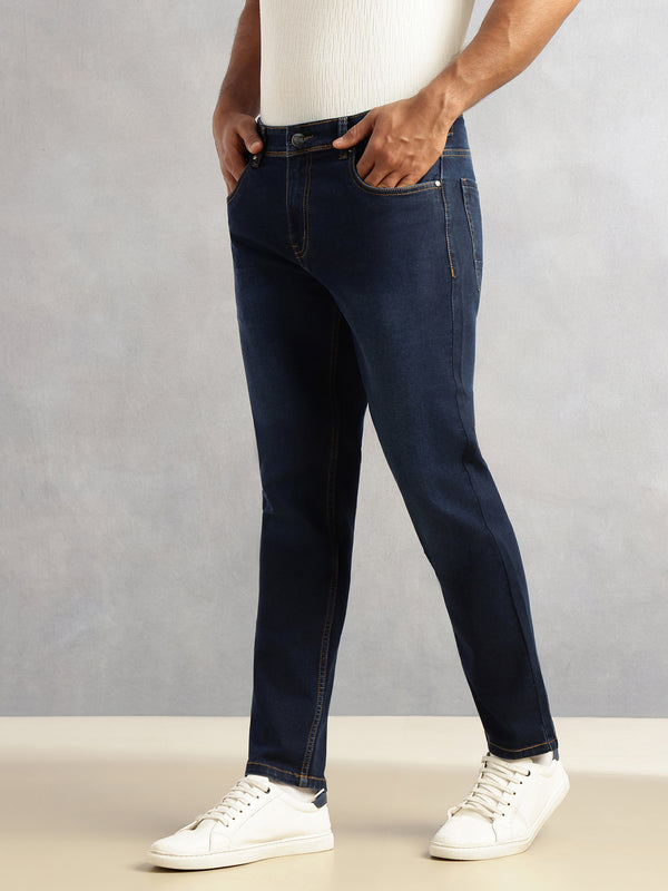 Thomas Scott Men Dark Blue Smart Slim Fit Dark Shade Mid-Rise Clean Look 5 Pocket Design Stretchable Jeans