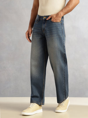 Dark Blue Baggy Fit Medium Shade Light Fade 5 Pocket Design Non Stretchable Jeans For Men