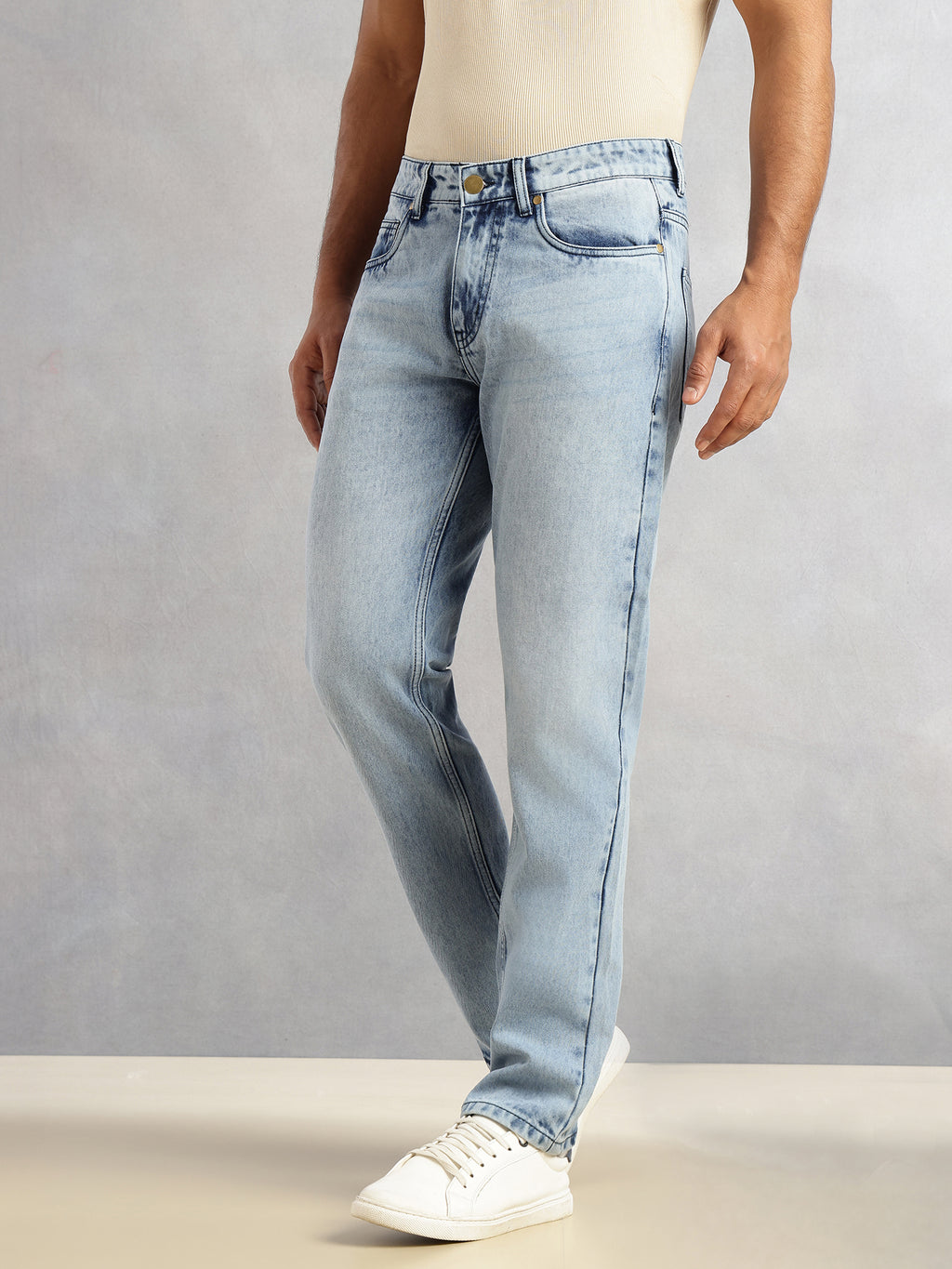 Thomas Scott Men Mid Blue Smart Slim Fit Mid-Rise Light Shade Clean Look 5 Pocket Design Non Stretchable Jeans