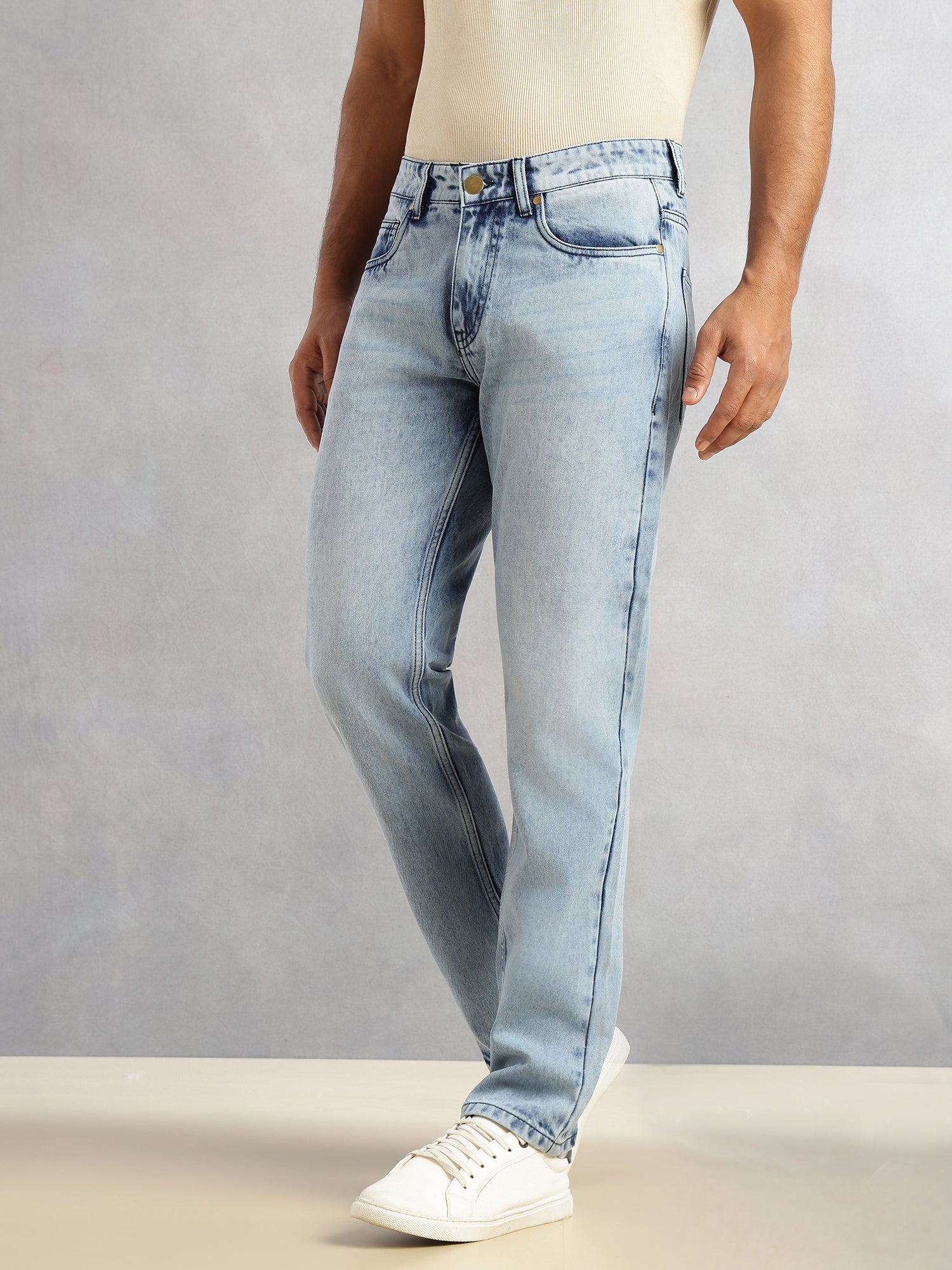 Thomas Scott Men Mid Blue Smart Slim Fit Mid-Rise Light Shade Clean Look 5 Pocket Design Non Stretchable Jeans