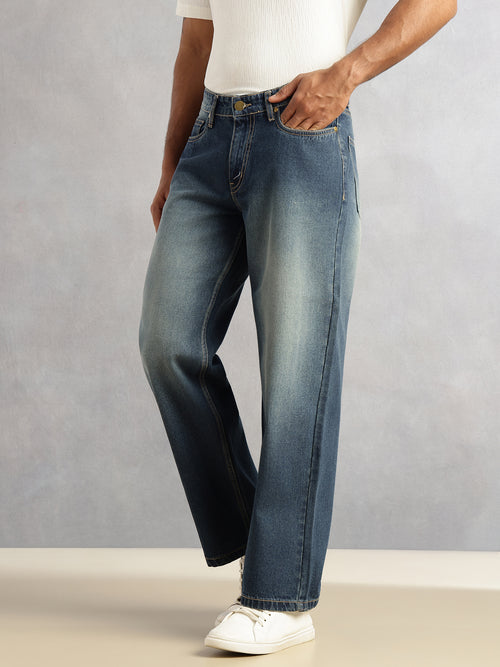 Thomas Scott Men Dark Blue Mid-Rise Medium Shade Light Fade Baggy Fit Clean Look 5 Pocket Design Non Stretchable Jeans
