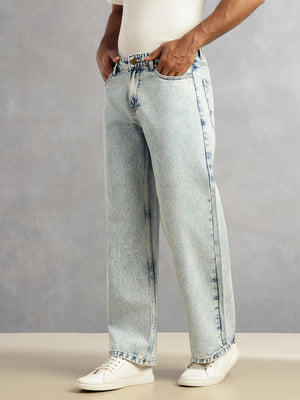 Light Blue Mid-Rise Light Shade Baggy Fit Clean Look 5 Pocket Design Non Stretchable Jeans For Men