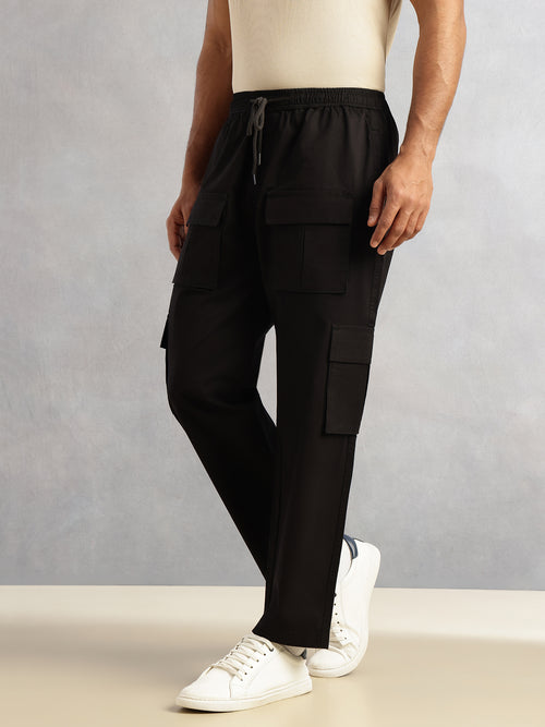 Thomas Scott Men Black Relaxed Loose Fit 100% Cotton Solid Drawstring Closure Woven Cargo Trouser