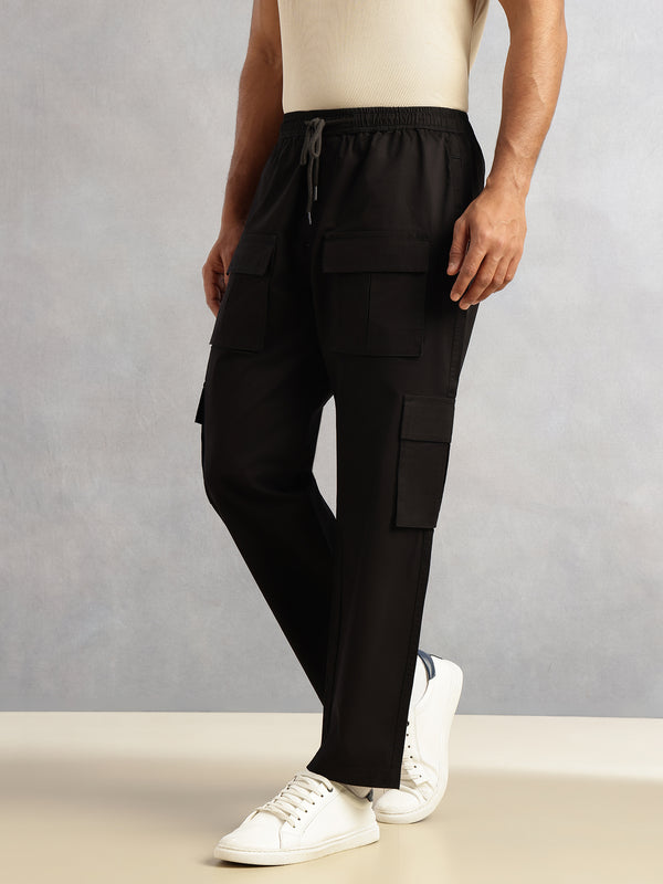 Black Relaxed Loose Fit 100% Cotton Solid Drawstring Closure Woven Cargo Trouser For Men