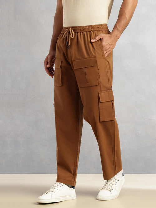 Thomas Scott Men Brown Relaxed Loose Fit 100% Cotton Solid Drawstring Closure Woven Cargo Trouser