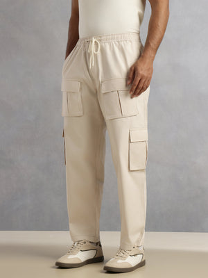 Thomas Scott Men Cream Relaxed Loose Fit 100% Cotton Solid Drawstring Closure Woven Cargo Trouser