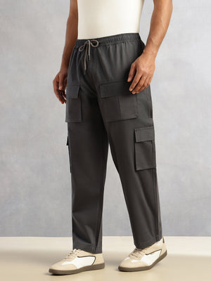 Thomas Scott Men Dark Grey Relaxed Loose Fit 100% Cotton Solid Drawstring Closure Woven Cargo Trouser