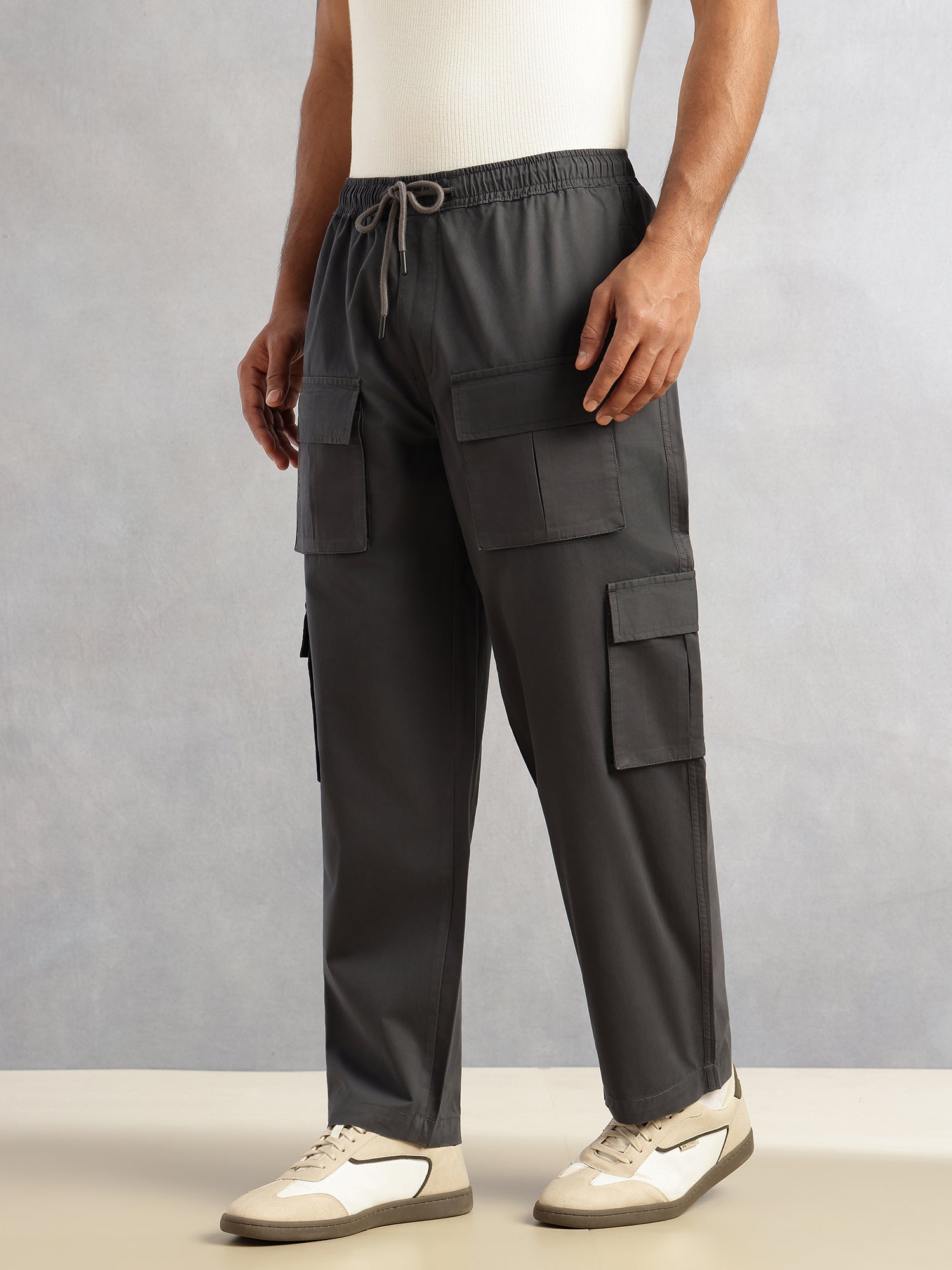 Thomas Scott Men Dark Grey Relaxed Loose Fit 100% Cotton Solid Drawstring Closure Woven Cargo Trouser