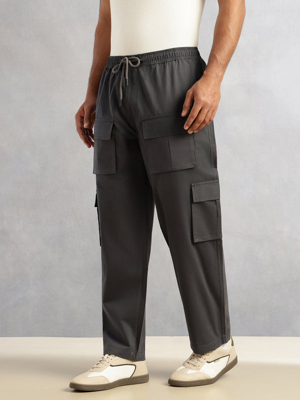 Dark Grey Relaxed Loose Fit 100% Cotton Solid Drawstring Closure Woven Cargo Trouser For Men