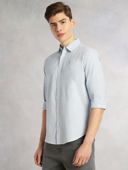 Thomas Scott Men Blue Cricket Club Collection Slim Fit Long Sleeves Spread Collar Pinstripe Cotton Linen Casual Shirt