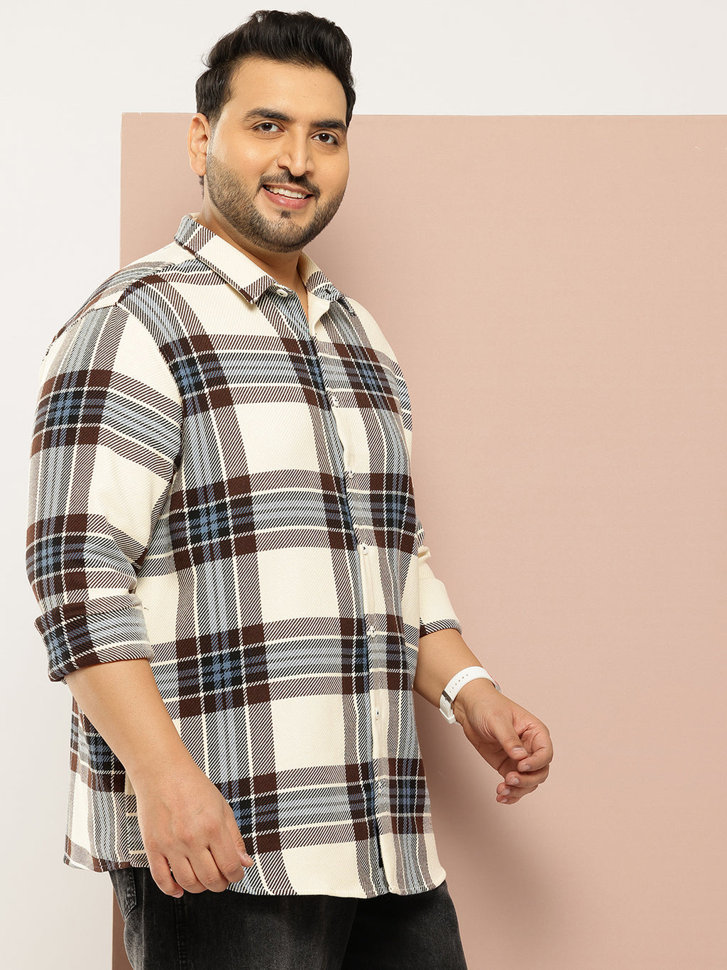 Thomas Scott Men Cream Plus Size Regular Fit Long Sleeves Spread Collar Windowpane Checks 100% Cotton Casual Shirt