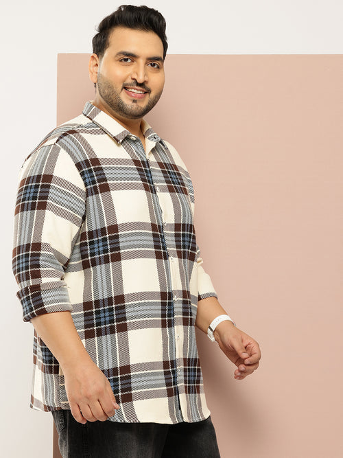 Thomas Scott Men Cream Plus Size Regular Fit Long Sleeves Spread Collar Windowpane Checks 100% Cotton Casual Shirt