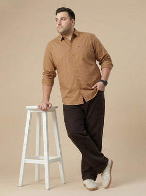 Light Brown Plus Size Regular Fit Spread Collar Long Sleeve Cotton Casual Shirt For Men