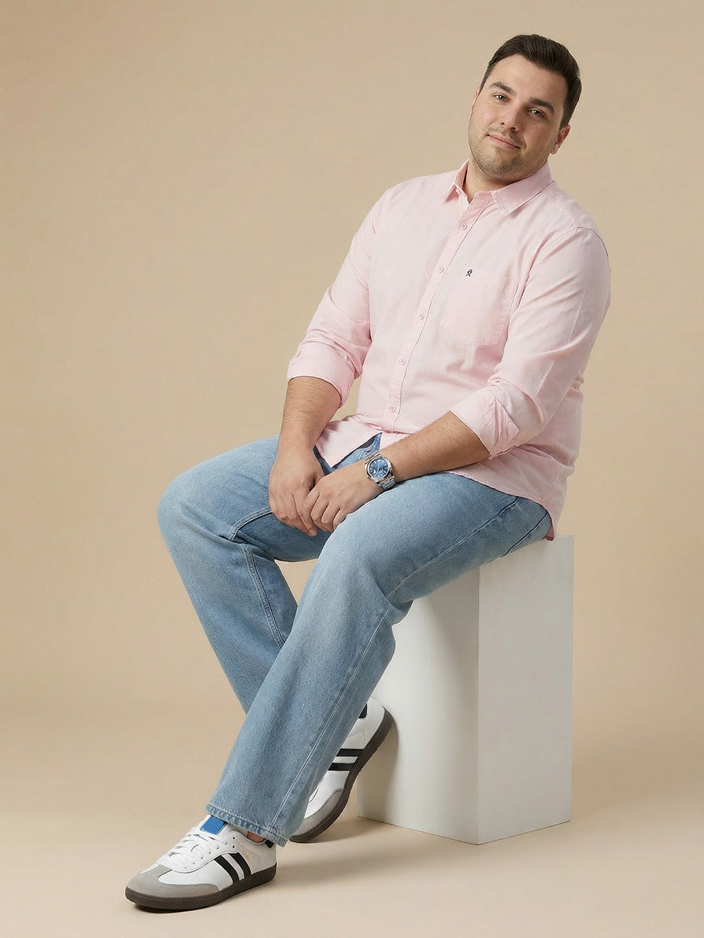 Thomas Scott Men Light Pink 1 Cotton Casual Shirt Plus Size Regular Fit Spread Collar Long Sleeve