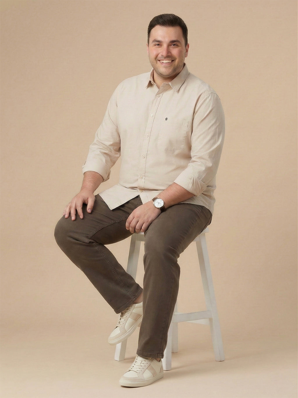 Thomas Scott Men Beige Cotton Casual Shirt Plus Size Regular Fit Spread Collar Long Sleeve