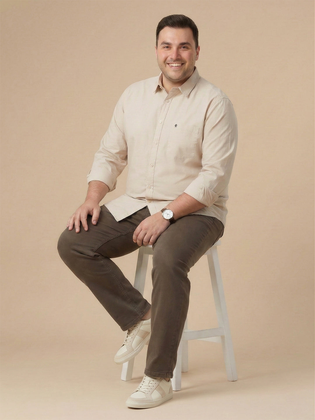 Thomas Scott Men Beige Cotton Casual Shirt Plus Size Regular Fit Spread Collar Long Sleeve