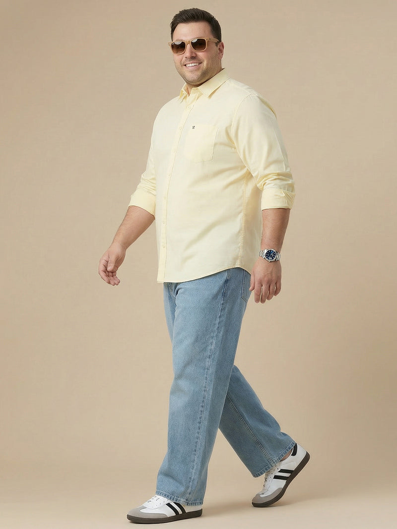 Thomas Scott Men Yellow Cotton Casual Shirt Plus Size Regular Fit Spread Collar Long Sleeve