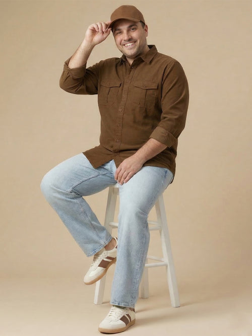 Thomas Scott Men Khaki Cotton Casual Shirt-Regular Fit Long Sleeve Textured Shirt with Spread Collar & Flap Pockets
