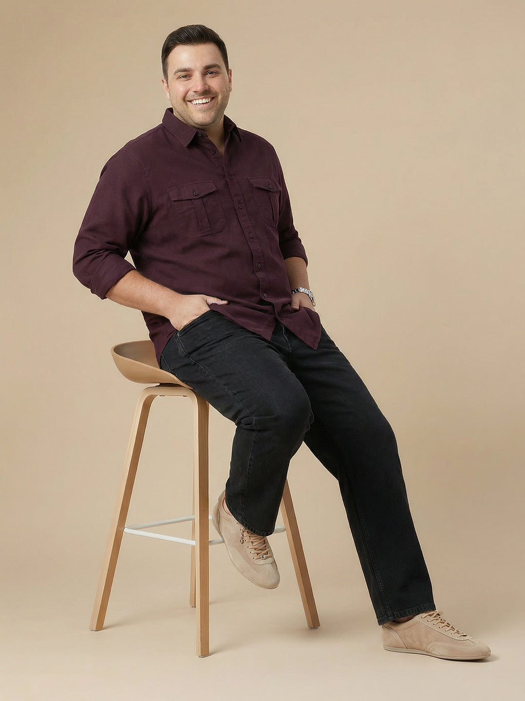 Thomas Scott Men Wine Cotton Casual Shirt-Regular Fit Long Sleeve Textured Shirt with Spread Collar & Flap Pockets