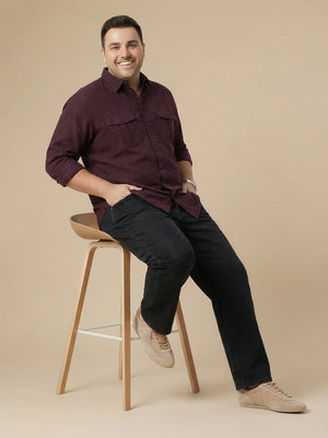 Thomas Scott Men Wine Cotton Casual Shirt-Regular Fit Long Sleeve Textured Shirt with Spread Collar & Flap Pockets