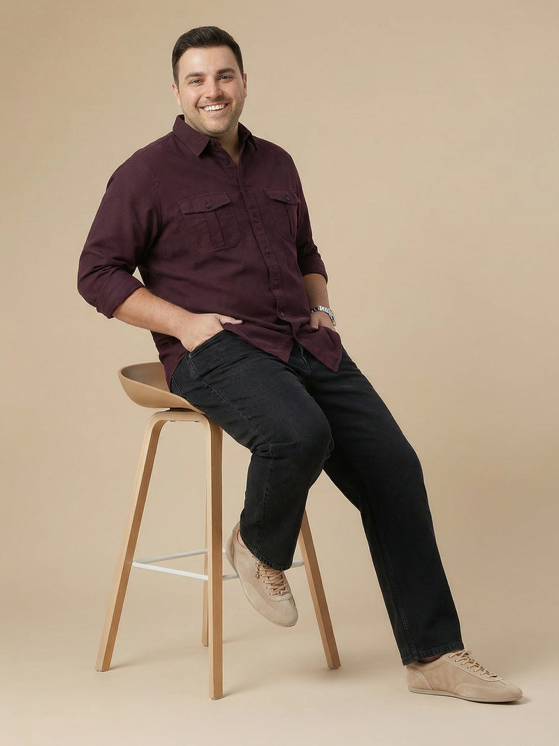 Thomas Scott Men Wine Cotton Casual Shirt-Regular Fit Long Sleeve Textured Shirt with Spread Collar & Flap Pockets