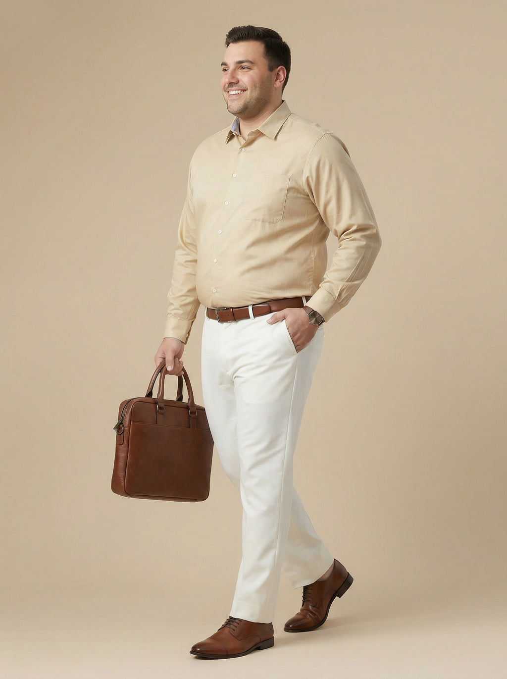 Thomas Scott Men Beige Plus Size Smart Long Sleeves Regular Fit Spread Collar Solid 100% Cotton Formal Shirt