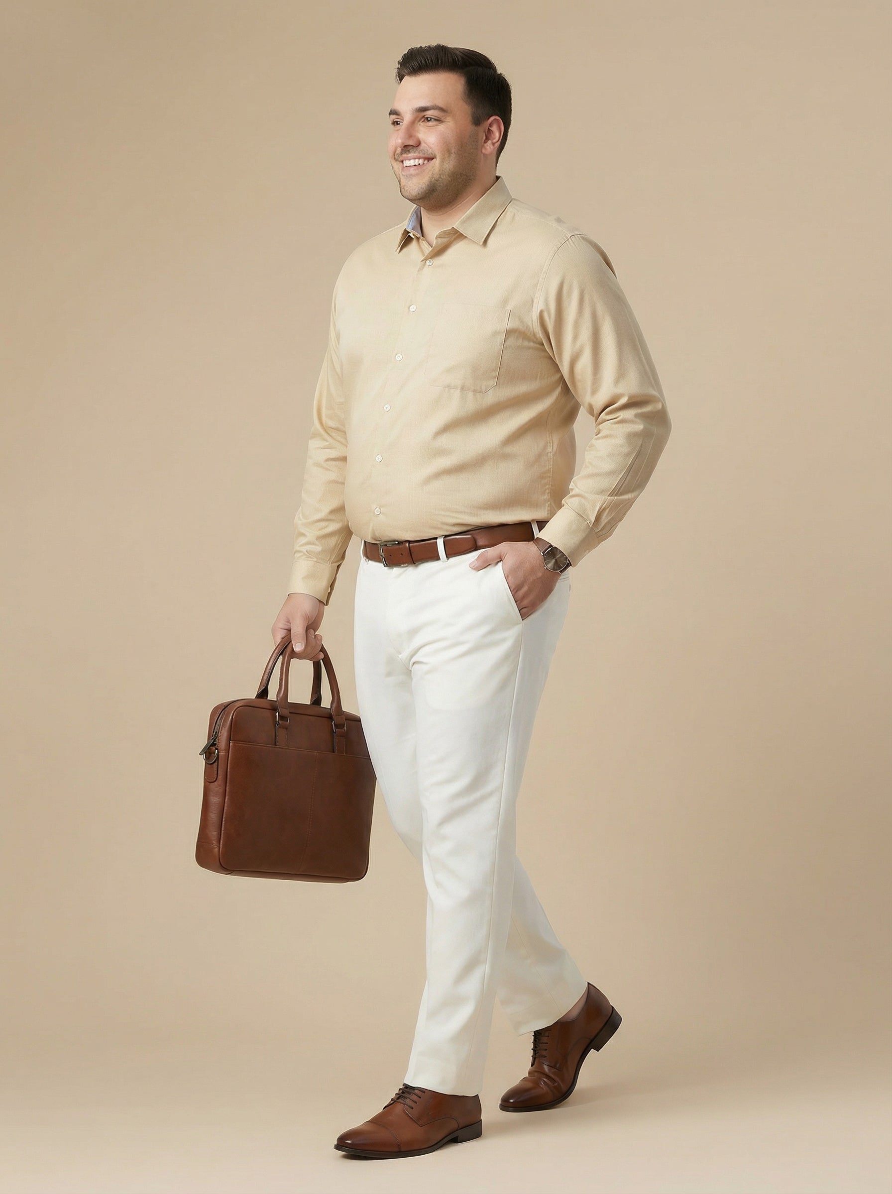 Thomas Scott Men Beige Plus Size Smart Long Sleeves Regular Fit Spread Collar Solid 100% Cotton Formal Shirt