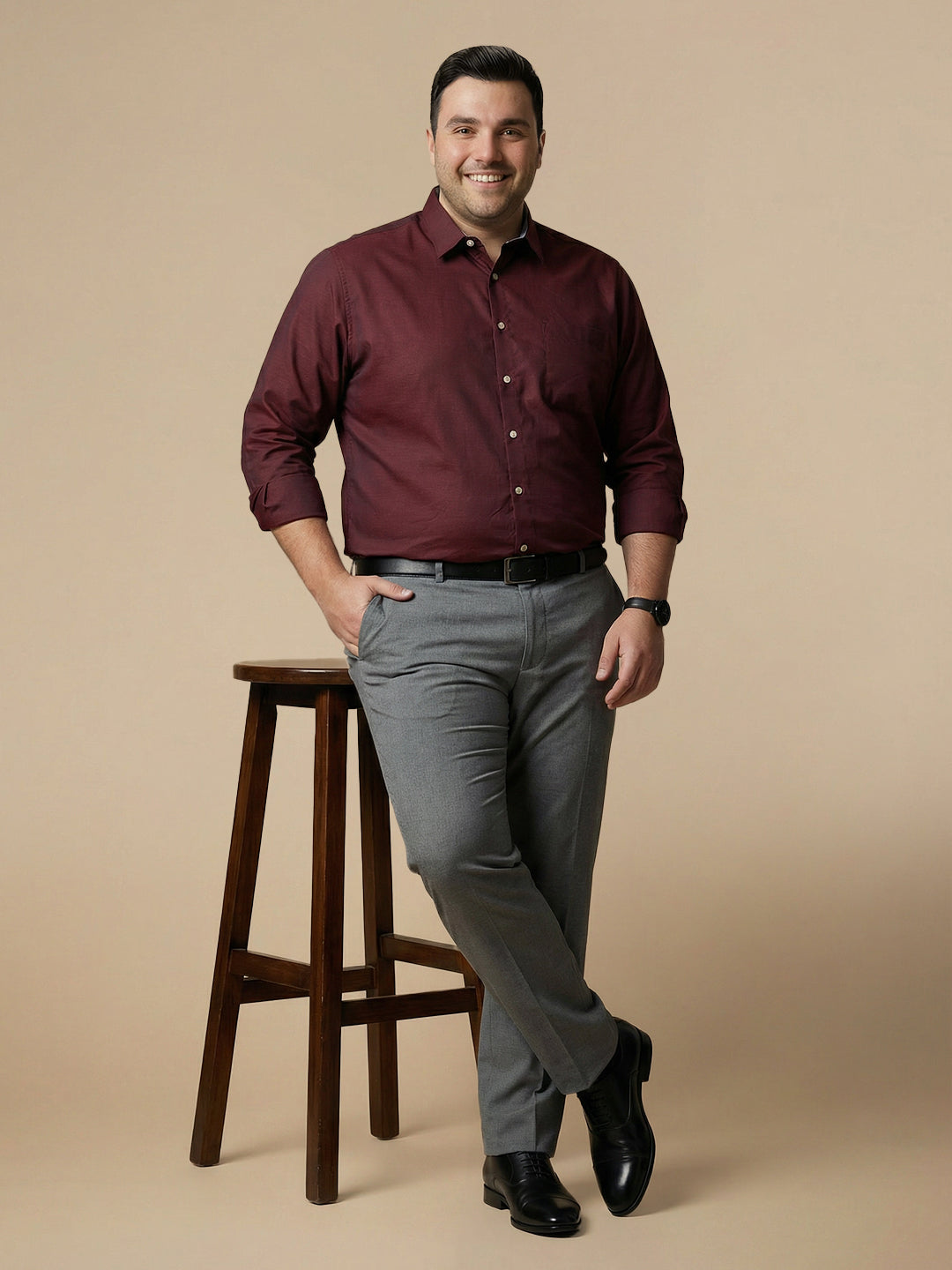 Thomas Scott Men Red Plus Size Smart Long Sleeves Regular Fit Spread Collar Solid 100% Cotton Formal Shirt