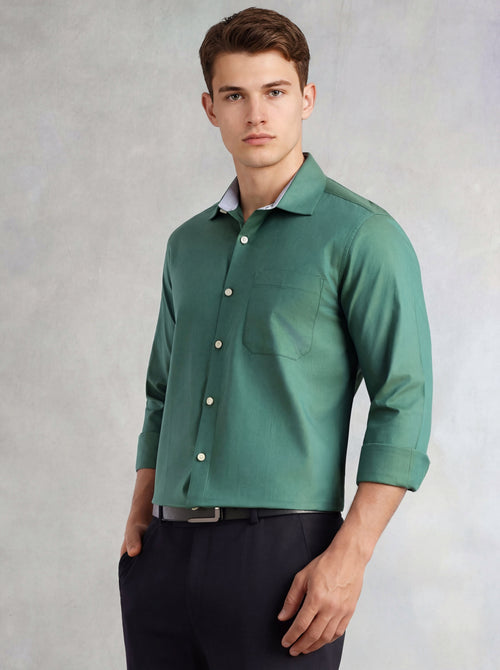 Thomas Scott Men Green Regular Fit Long Sleeves Spread Collar with Contrast Fabric Solid 100% Cotton Formal Shirt
