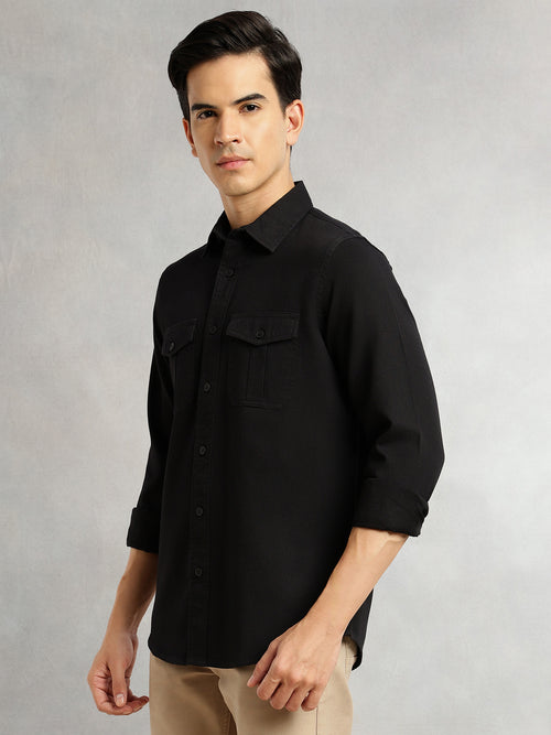 Thomas Scott Men Black Cricket Club Collection Men Slim Fit Cotton Casual Shirt-Dual Flap Pocket