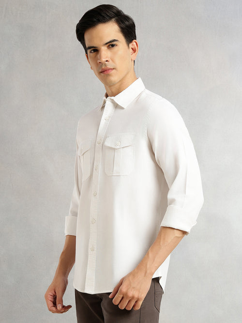 Thomas Scott Men White Cricket Club Collection Men Slim Fit Cotton Casual Shirt-Dual Flap Pocket