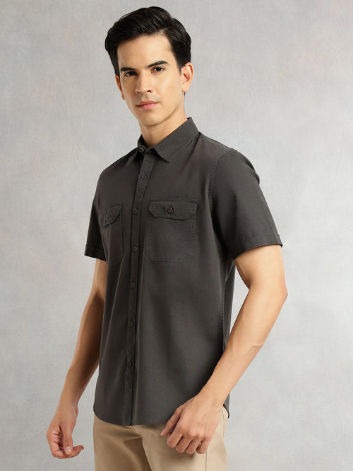 Thomas Scott Men Steel Grey Men Cricket Club Collection Premium Slim Fit Casual Shirt-Dual Flap Pockets With Short Sleeves
