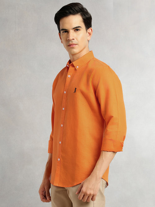 Thomas Scott Men Orange Premium Cricket Club Collection Slim Fit Button Down Collar Cotton Linen Casual Shirt