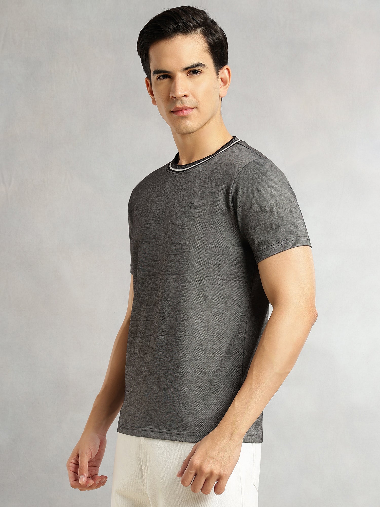 Thomas Scott Men Black Regular Fit Short Sleeves Round Neck Solid Knitted Tshirt