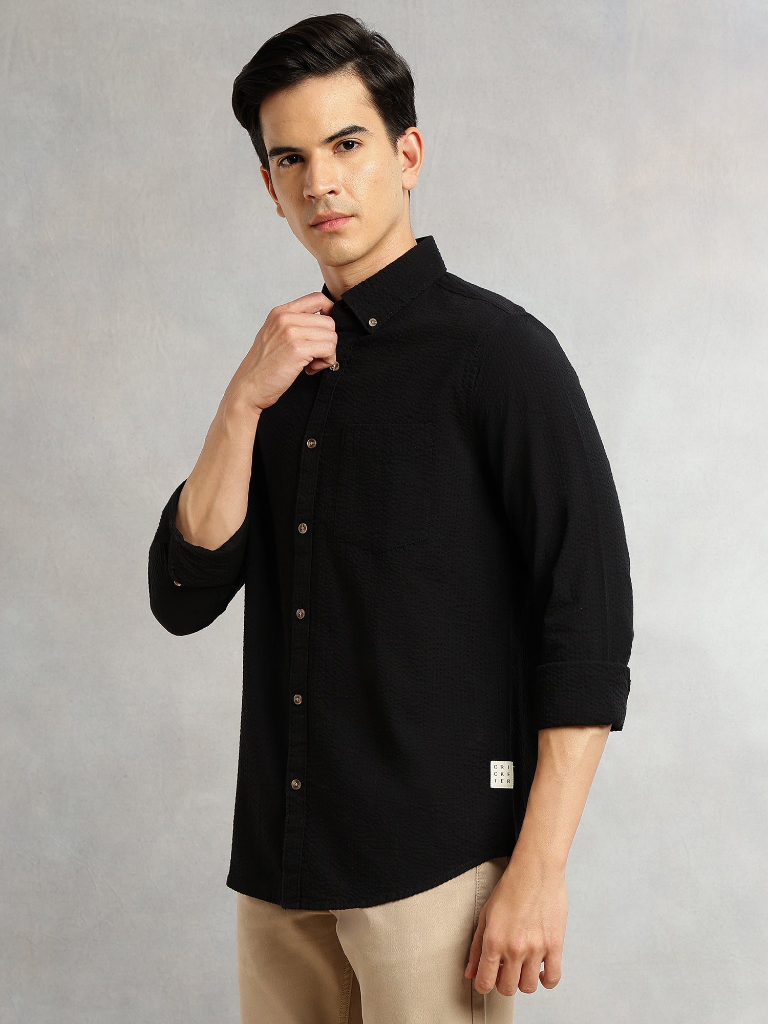 Thomas Scott Men Black Premium Slim Fit Long Regular Sleeves Button-Down Collar Pinstripes 100% Cotton Seersucker Casual Shirt