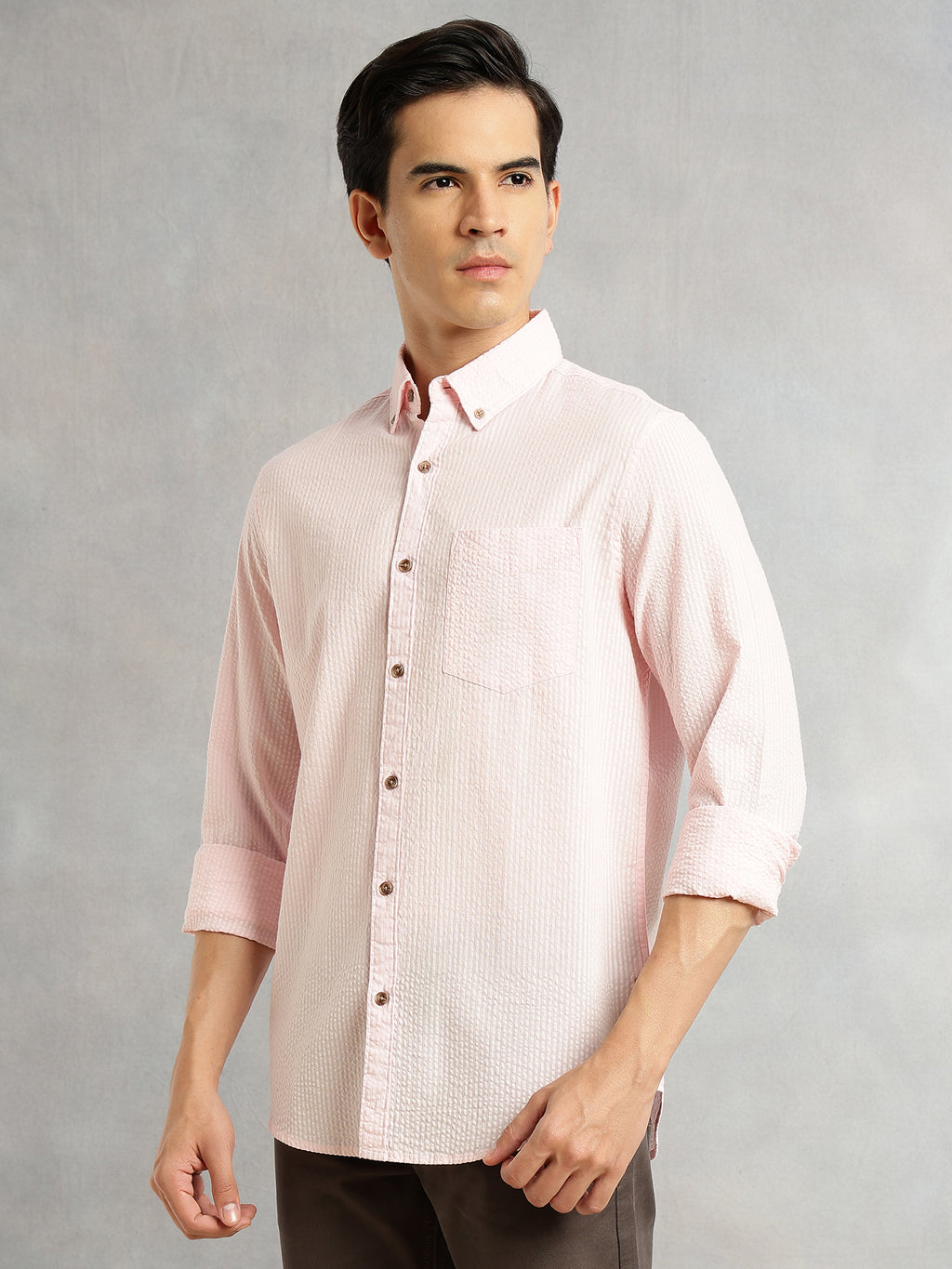 Thomas Scott Men Pink Premium Slim Fit Long Regular Sleeves Button-Down Collar Pinstripes 100% Cotton Seersucker Casual Shirt