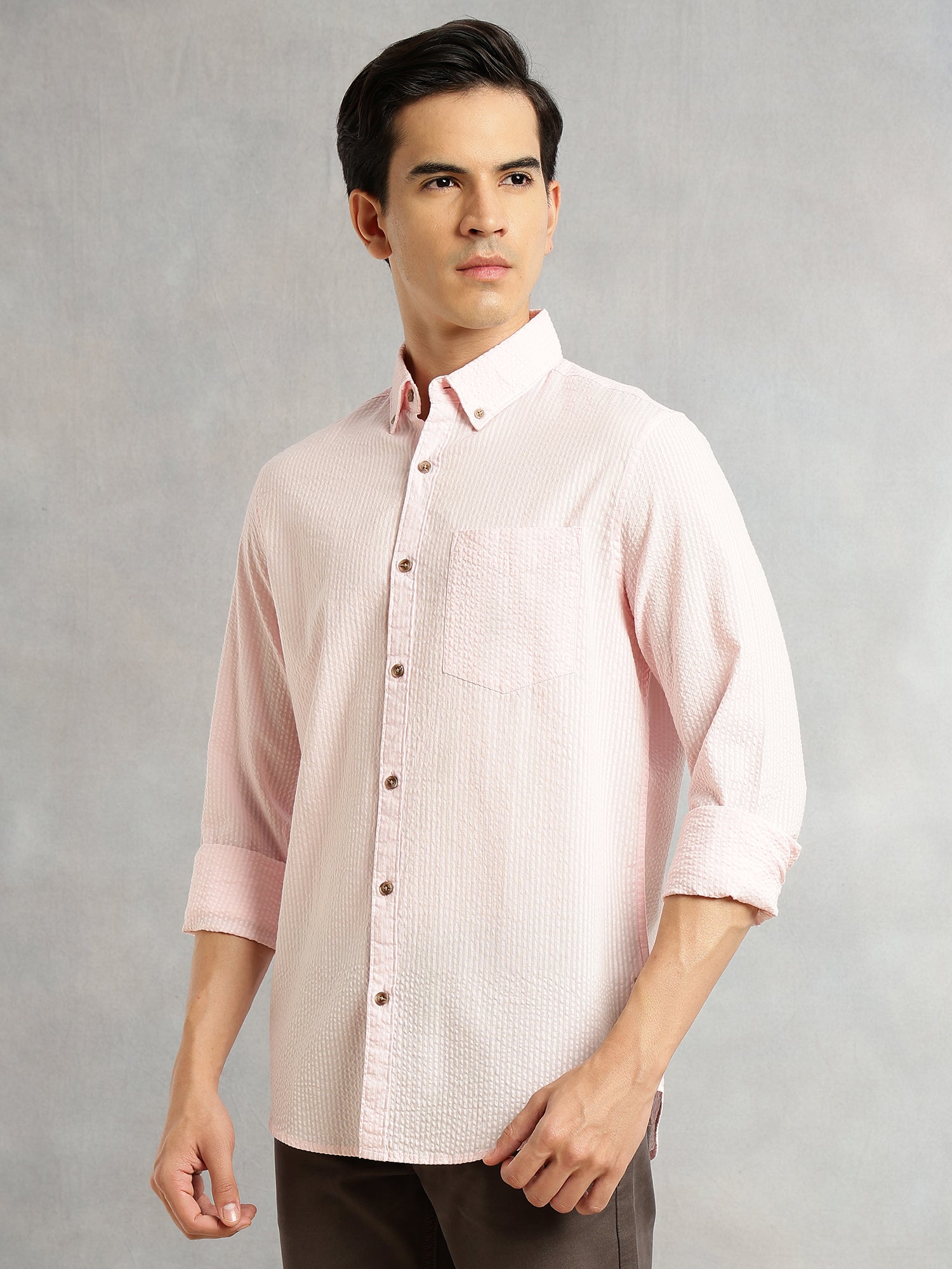Thomas Scott Men Pink Premium Slim Fit Long Regular Sleeves Button-Down Collar Pinstripes 100% Cotton Seersucker Casual Shirt