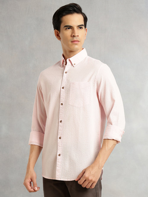 Thomas Scott Men Pink Premium Slim Fit Long Regular Sleeves Button-Down Collar Pinstripes 100% Cotton Seersucker Casual Shirt