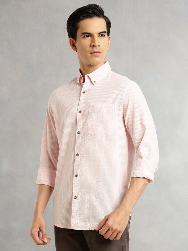 Pink Premium Slim Fit Long Regular Sleeves Button-Down Collar Pinstripes 100% Cotton Seersucker Casual Shirt For Men