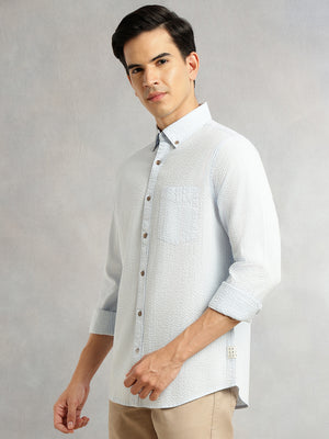 Thomas Scott Men Sky Blue Premium Slim Fit Long Regular Sleeves Button-Down Collar Pinstripes 100% Cotton Seersucker Casual Shirt