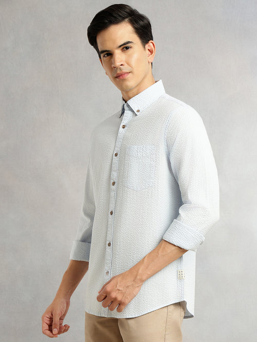 Thomas Scott Men Sky Blue Premium Slim Fit Long Regular Sleeves Button-Down Collar Pinstripes 100% Cotton Seersucker Casual Shirt