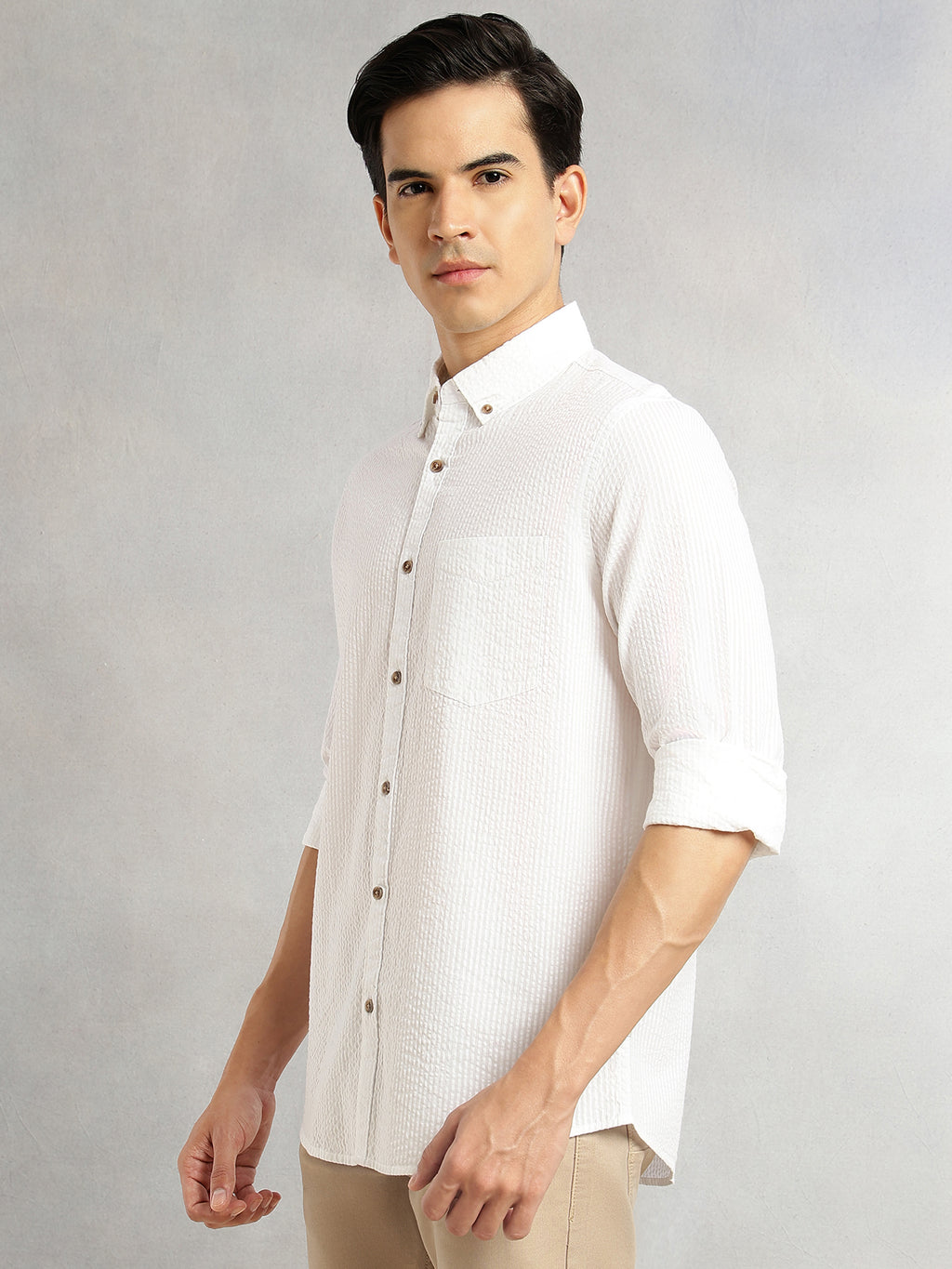 Thomas Scott Men White Premium Slim Fit Long Regular Sleeves Button-Down Collar Pinstripes 100% Cotton Seersucker Casual Shirt